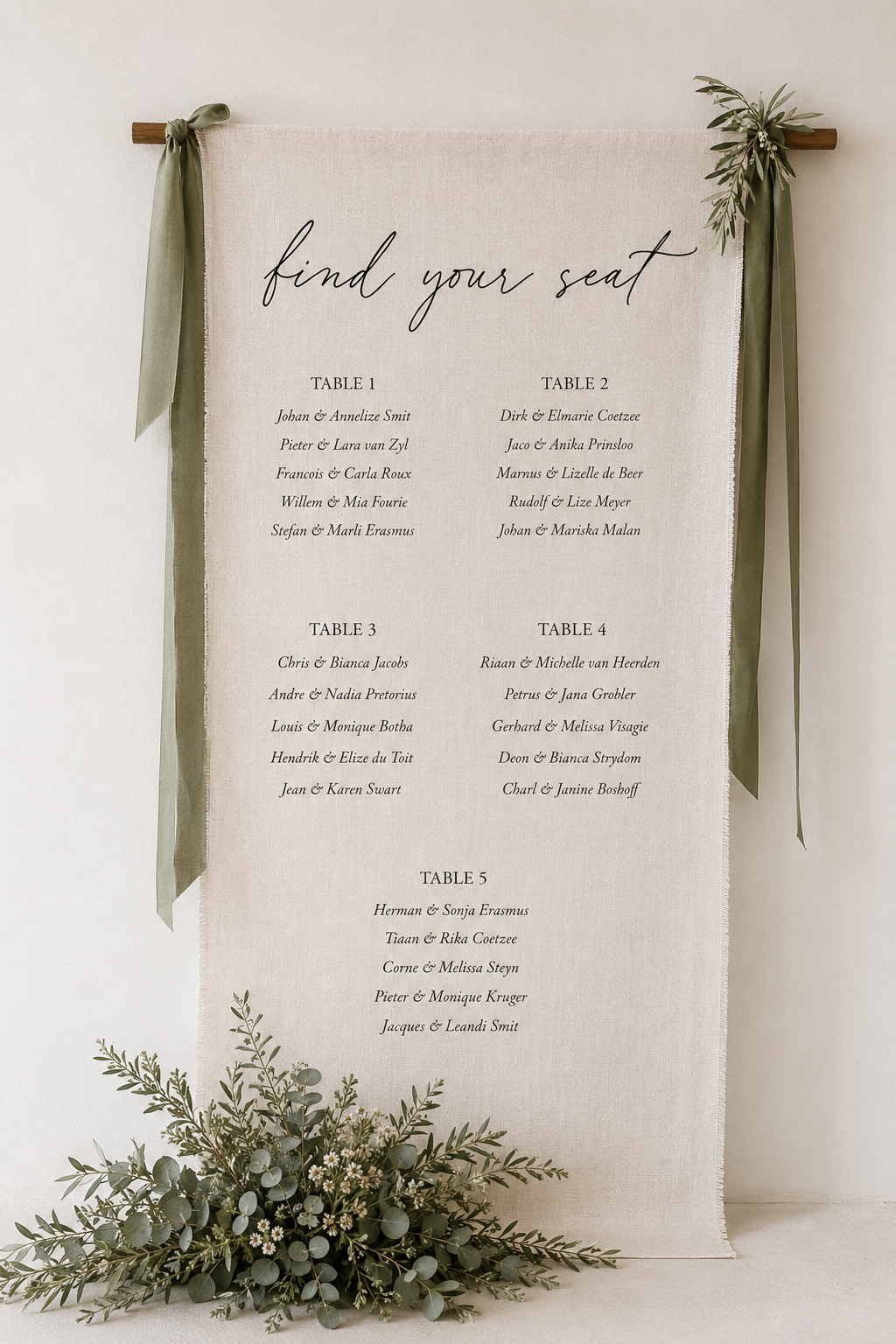 Tafelplasings / Seating chart (1-5 tables)