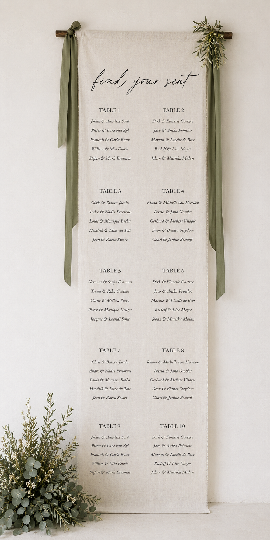Tafelplasings / Seating chart (1-12 tables)